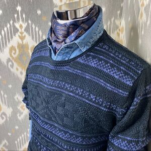 Polo Ralph Lauren Indigo & Black Linen Blend Knit FairIsle Pullover Sweater